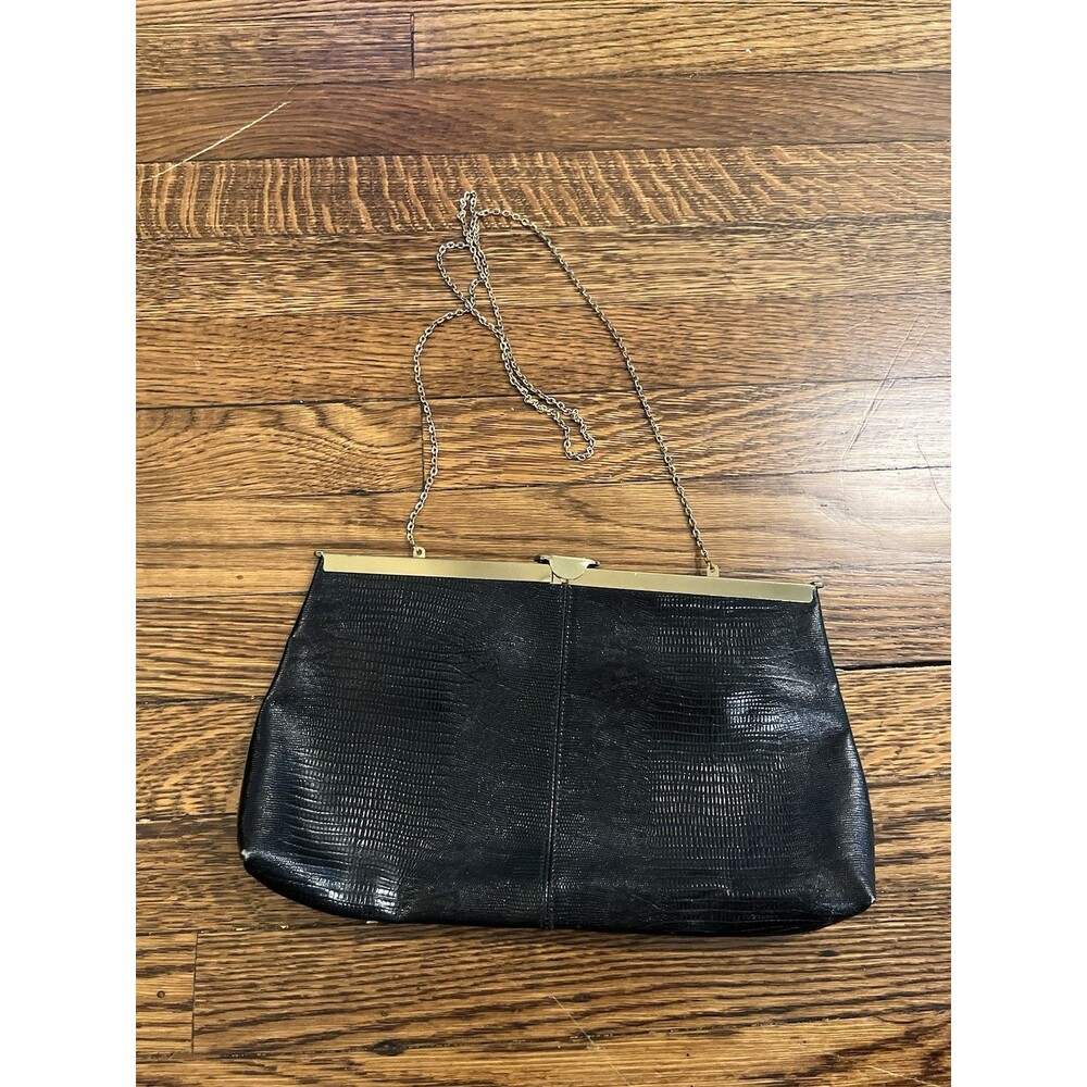 Vintage Black Lizard Embossed Leather Clutch Gold Chain Strap Bag